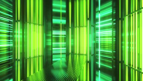 bright neon lights in a metal room. modern fluorescent light. green yellow neon spectrum. seamless looping 3d animation