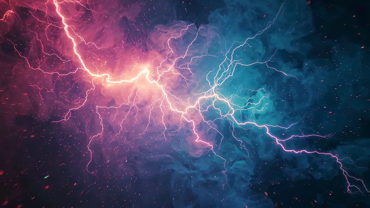 Crackling magenta arc meeting cyan channel, forming junction over nebula clouds, emitting filaments