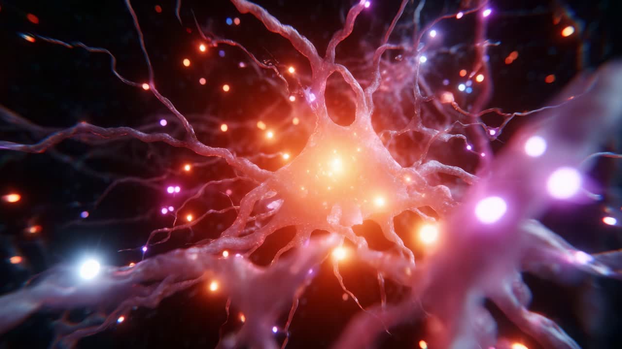 Intricate Neuron Visualization: A Journey Through the Electric Network of Nerve Cells Capturing Pulsating Activity and Vibrant Synaptic Connections