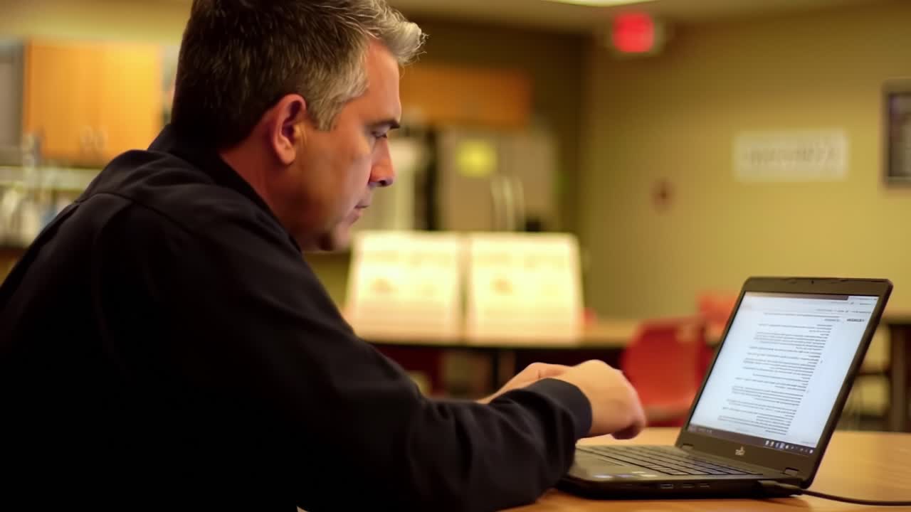 Focused Individual Working on a Laptop in a Modern Setting, Engaged in Research or Writing, Amidst a Professional Environment with Colleagues in the Background