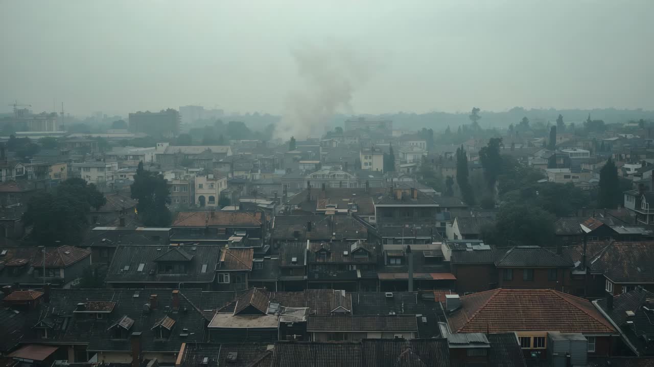 Mostrando fumo che appare da tetti densi a media distanza e che sale, svanendo in una nuvola bassa e fosca.