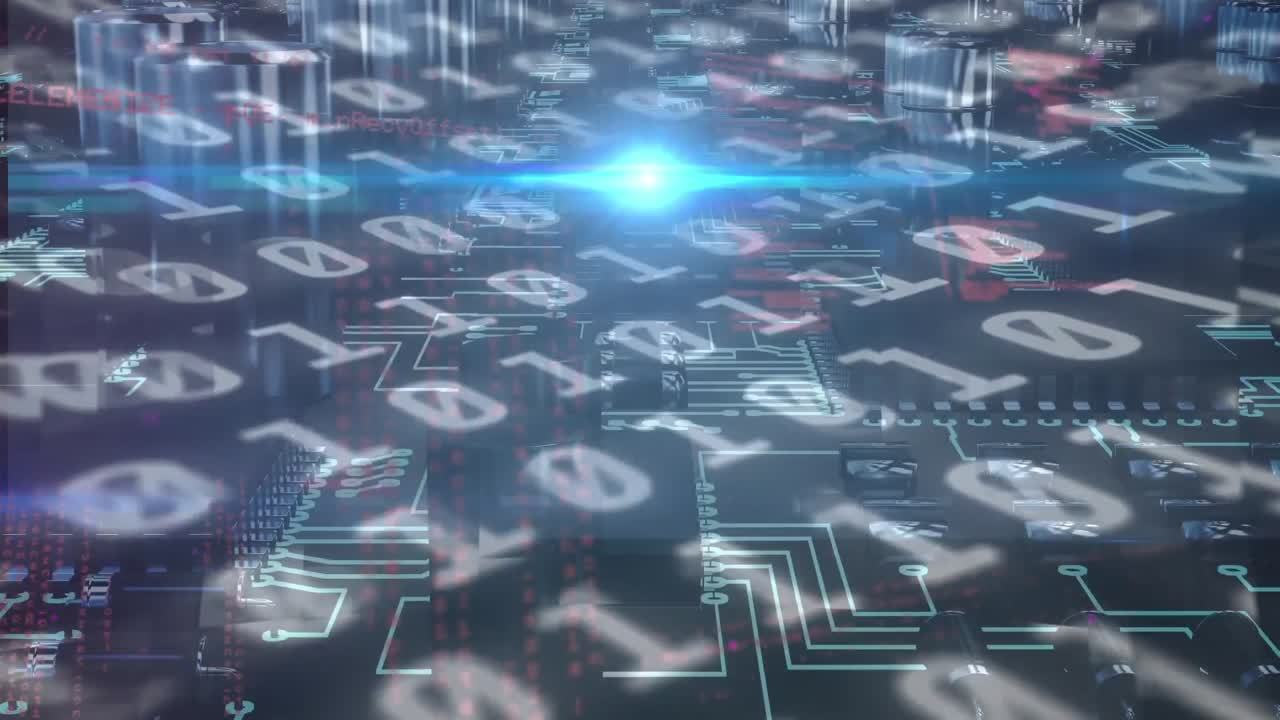 animación de codificación binaria, procesamiento de datos sobre una placa de circuito de computadora brillante