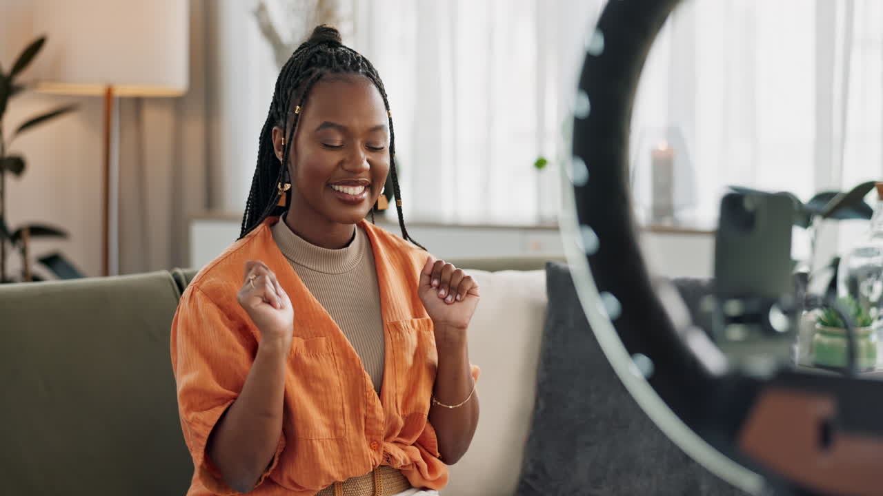 Wave, live streaming and happy black woman