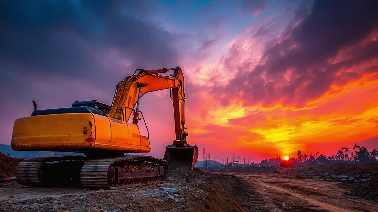 A Majestic Excavator Silhouetted Against a Vibrant Sunset, Capturing the Essence of Construction and Nature's Beauty in a Serene Landscape