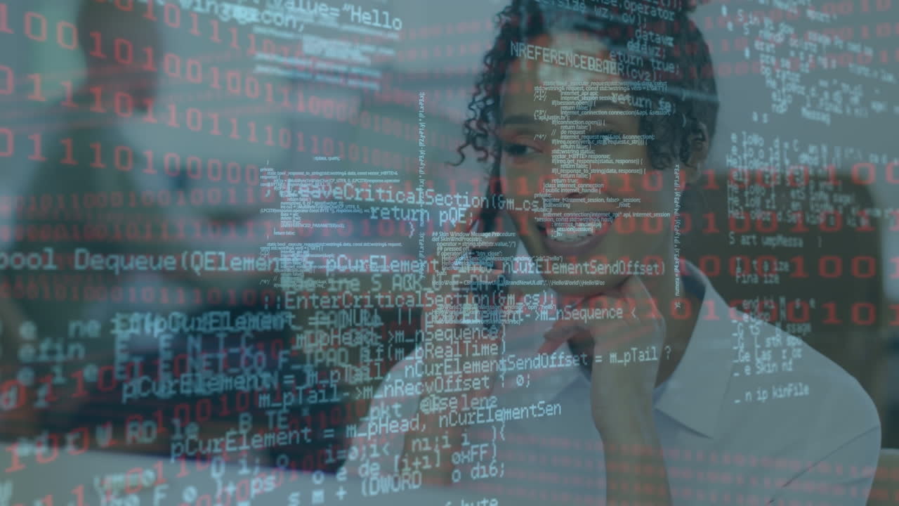 Animation of digital data processing over biracial woman using smartphone