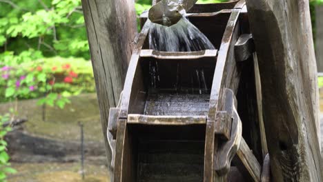 Agua-Que-Fluye-Hacia-Las-Secciones-De-Madera-De-La-Rueda-De-Agua-Tradicional-Coreana-En-El-Parque-Namsan,-Corea-Del-Sur