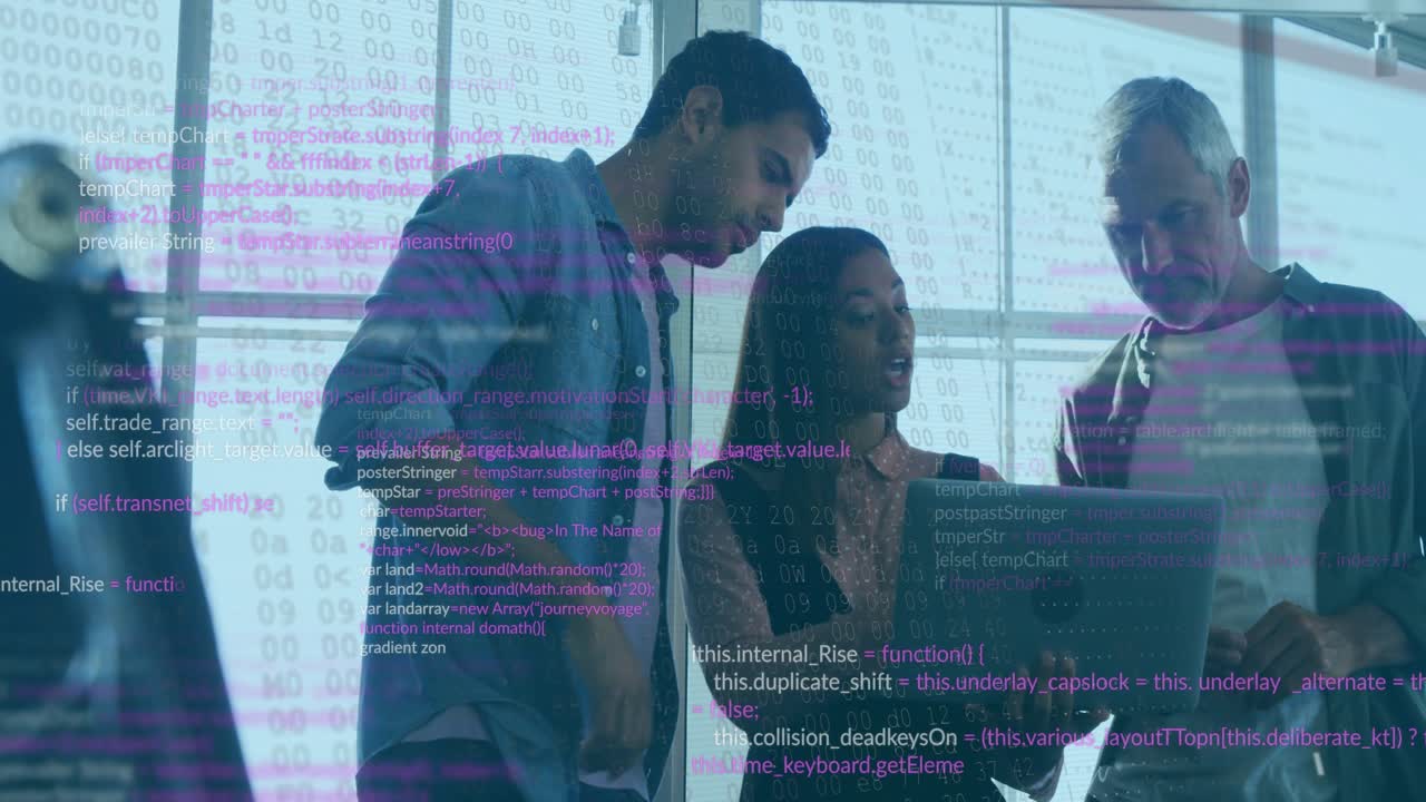 woman tapping trackpad initiating digital code overlay growth, colleagues reviewing software