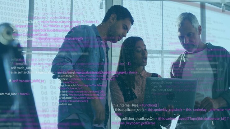 woman tapping trackpad initiating digital code overlay growth, colleagues reviewing software
