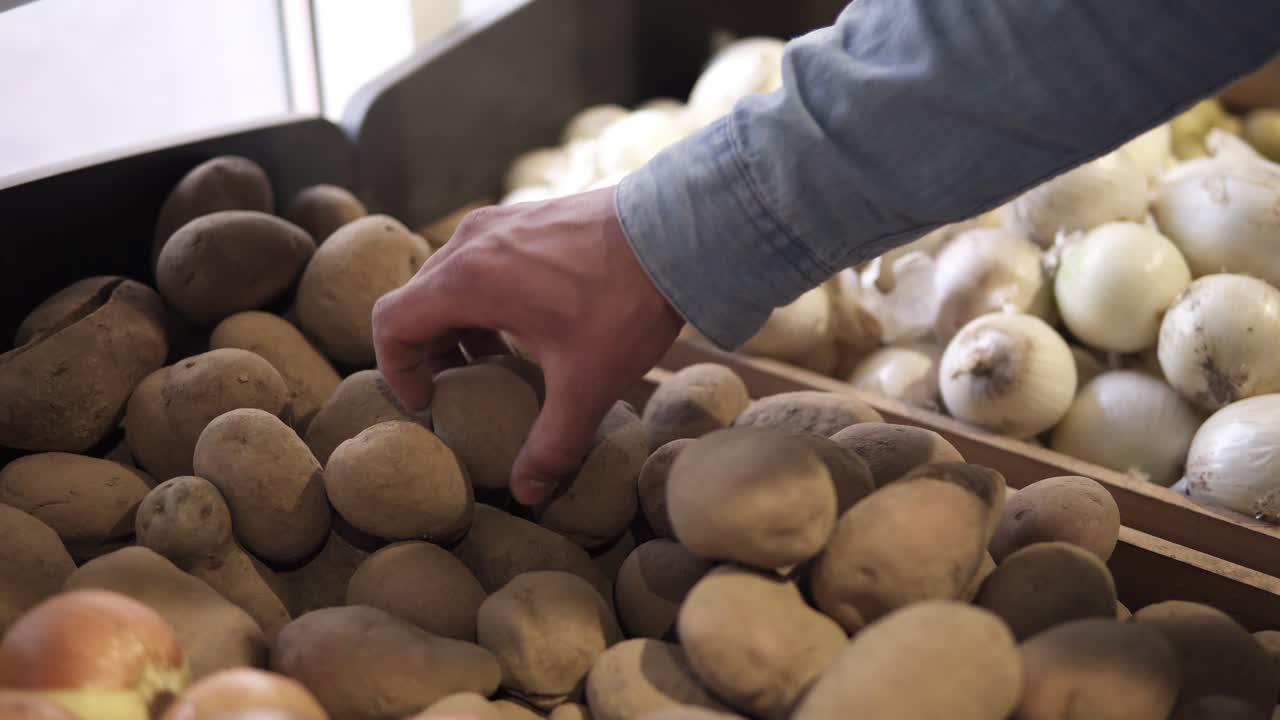 manos masculinas eligiendo la mejor forma de patatas y poner en la bolsa de plástico transparente de embalaje. compras - hombre elige patatas bonitas añade al paquete. cerrar