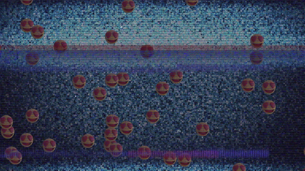 Digital animation of multiple heart eyes face emojis floating over tv static effect