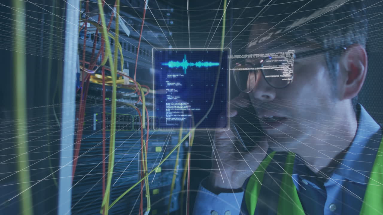 animazione di dati su maschio asiatico ingegnere it con telefono controllo server computer