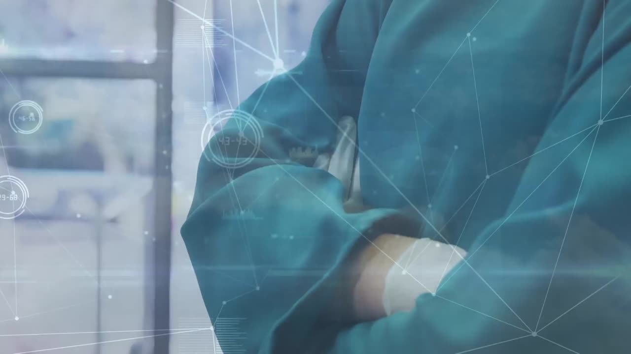 Animation of finacial data processing over caucasian surgeon in operating theatre