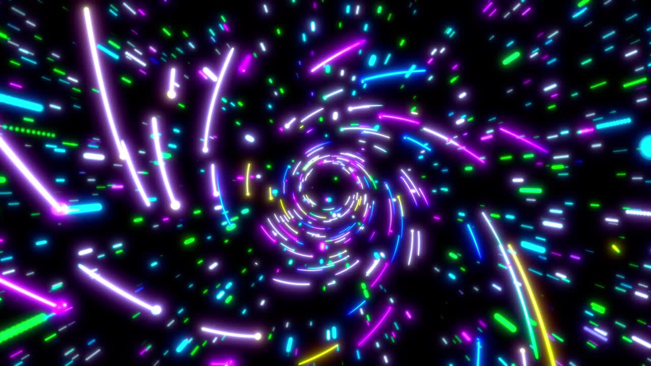 Tunel zářivých neonových čar. Modré, červené, růžové a fialové barevné osvětlení. Fluorescenční ultrafialová světla v prostoru. Plynulá smyčka 4k pozadí.