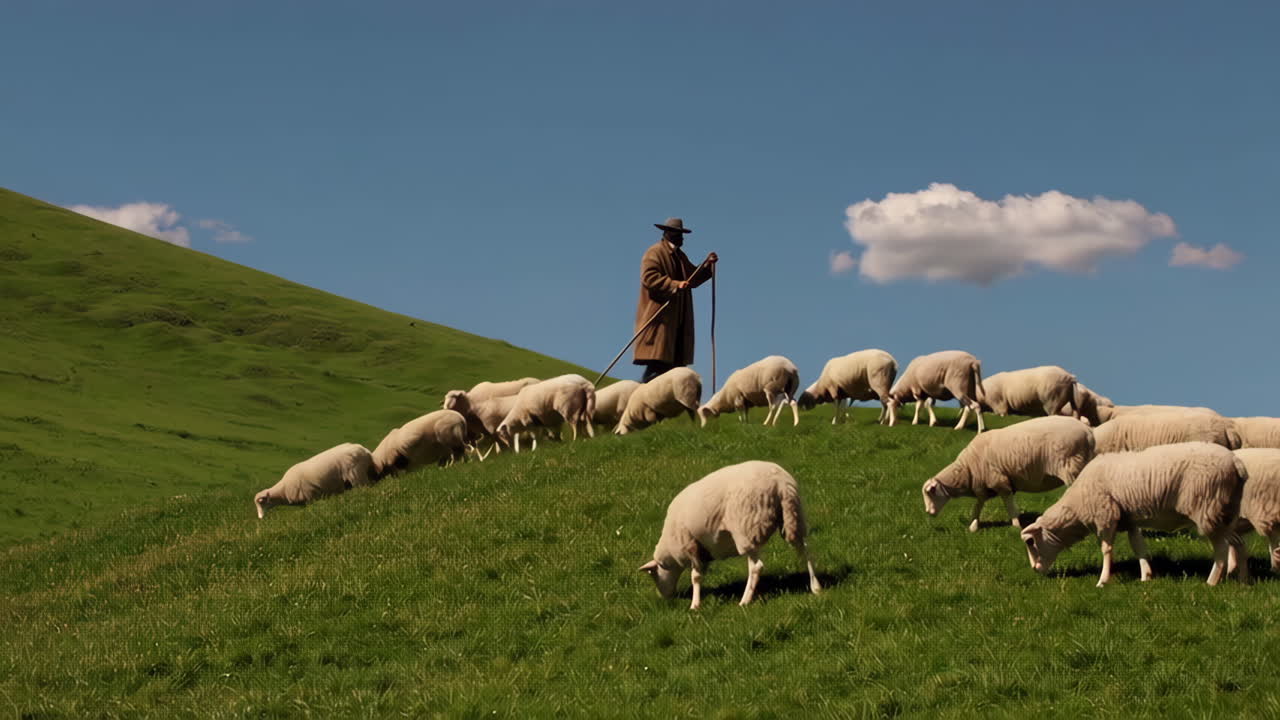 Shepherd with Flock of Sheep on a Hillside