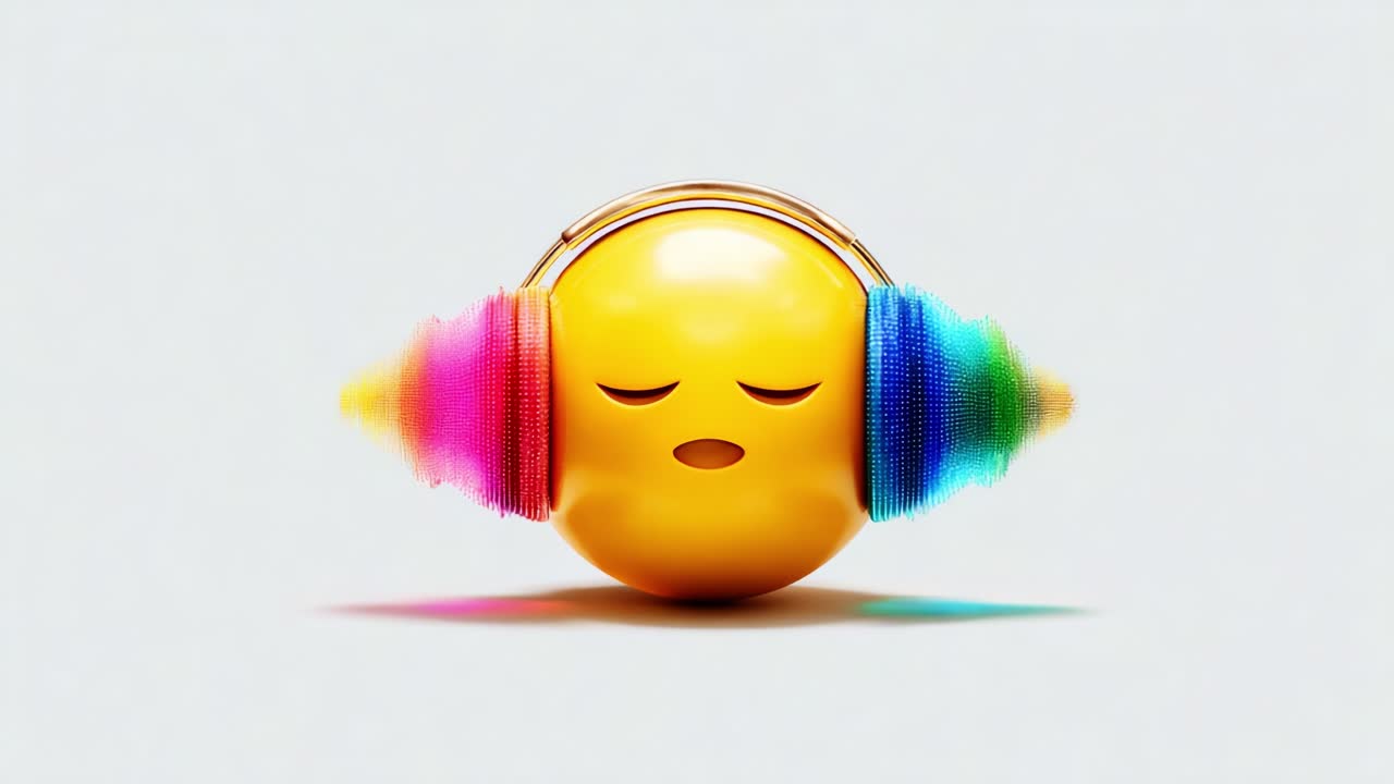 A Vibrant and Expressive Emoji with Headphones Enjoying Music in a Colorful Soundwave Setting, Illustrating Happiness and Serenity through Engaging Visuals