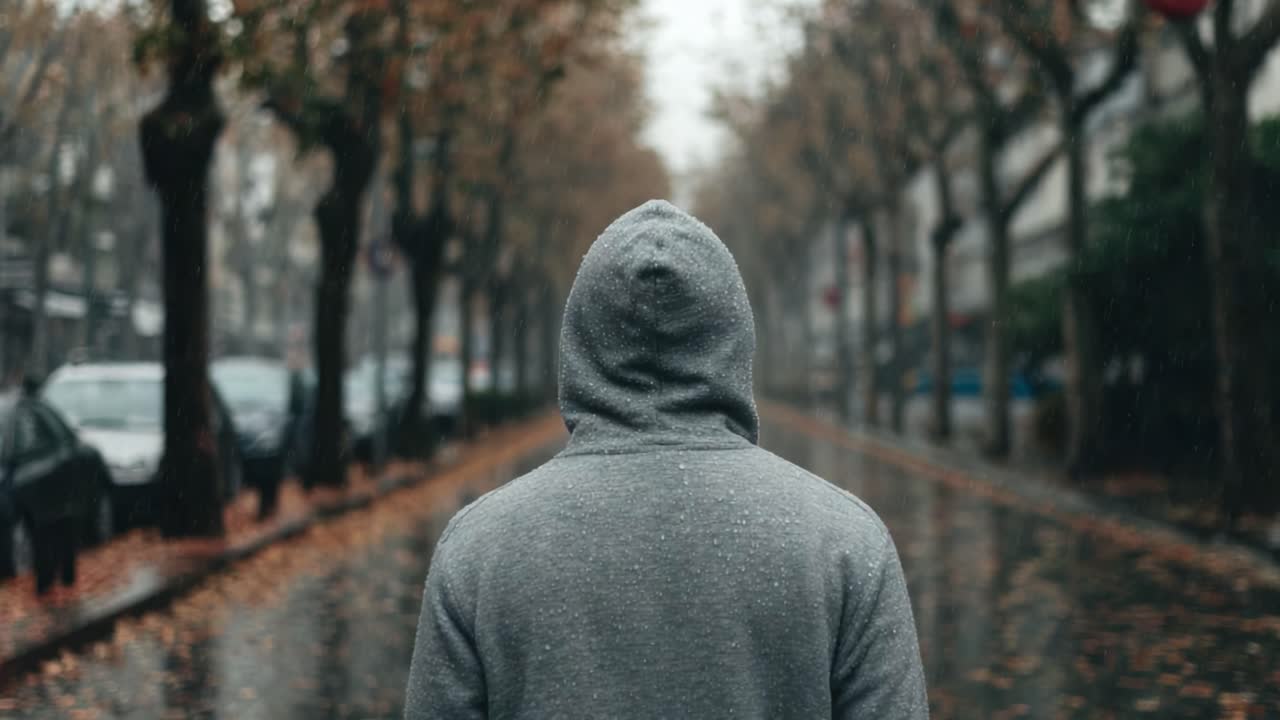 Una figura solitaria si erge in una strada piovosa, circondata da foglie autunnali, incarnando un momento di riflessione e silenzio in mezzo all'ambiente tranquillo e sfocato.