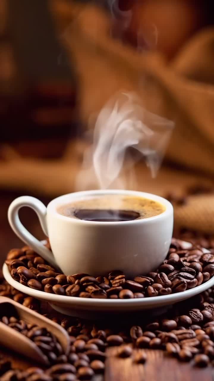 Dampende kaffekop på bønner, fanget i en nærbilledvinkel, perfekt til en hyggelig video.