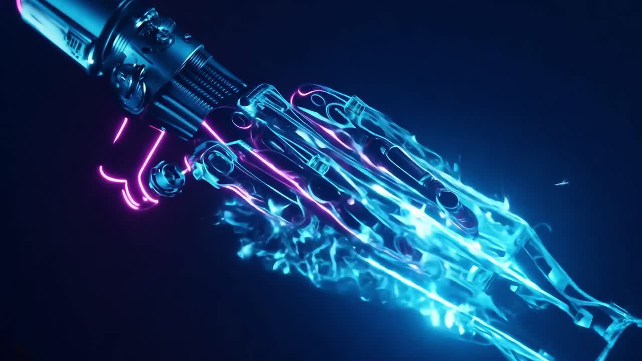 brazo robótico brillante de neón en un entorno futurista oscuro