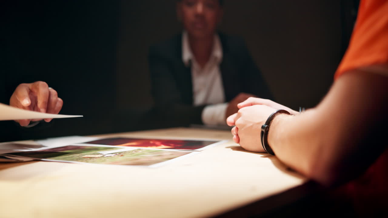 An interrogation scene with a suspect in handcuffs being questioned by police
