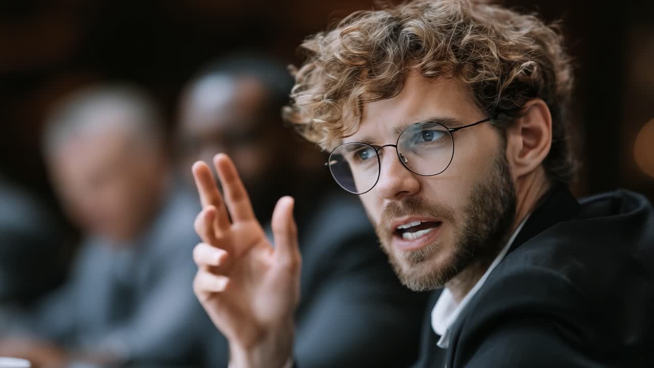Discussione coinvolgente: Un incontro professionale approfondito con un relatore attento, evidenziato dai suoi gesti espressivi e dall'intensa concentrazione sull'argomento trattato