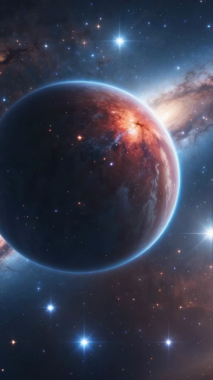 Vertical video: Rocky planet rotating in space, with red blue textures, stars and glowing nebula