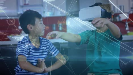 animación de la red de conexiones sobre un niño caucásico que usa auriculares vr
