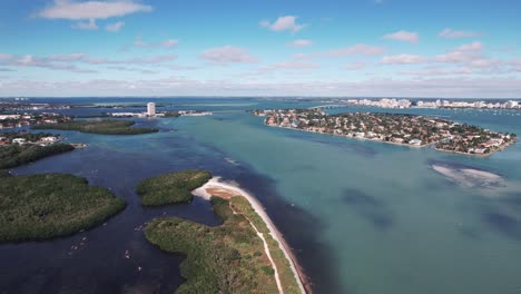 aerial-drone-shot-overview-in-a-gulf,-bay-sea,-looking-at-dunes-and-islands