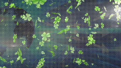 digital animation of green clovers and patterns on abstract technological background