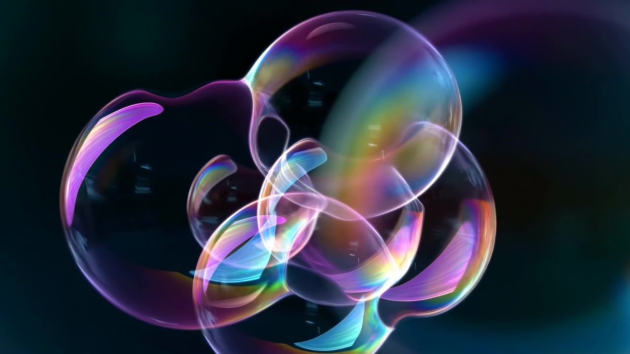 Vivaci bolle di sapone al neon su un palco scuro da studio, riflessi prismatici e superfici lucide, grappolo dinamico.