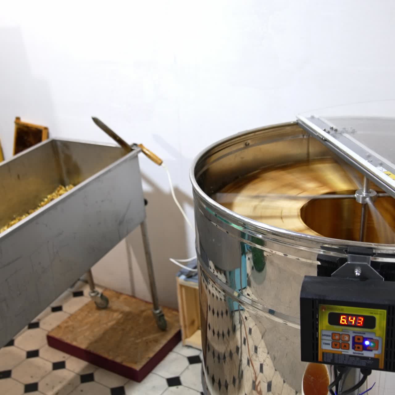 Centifuge honey harvesting. Organic wooden beehive machine