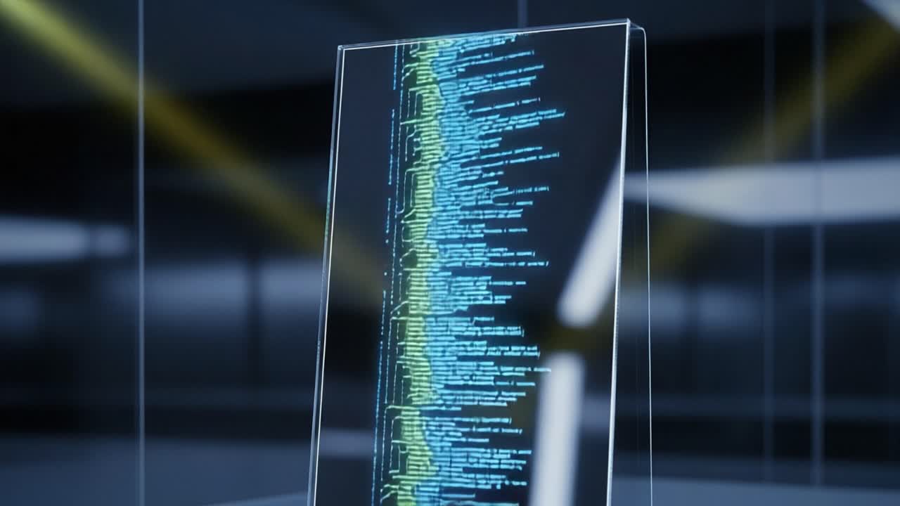 A Glimpse Into the Future: An Innovative Display Showcasing Complex Code on a Transparent Screen Illuminated with Blue and Green Elements in a Futuristic Environment