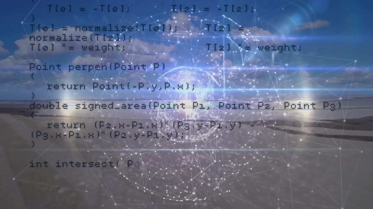 Code overlay appearing and initiating tech orb pulsing over tidal flats, revealing HTTP calls