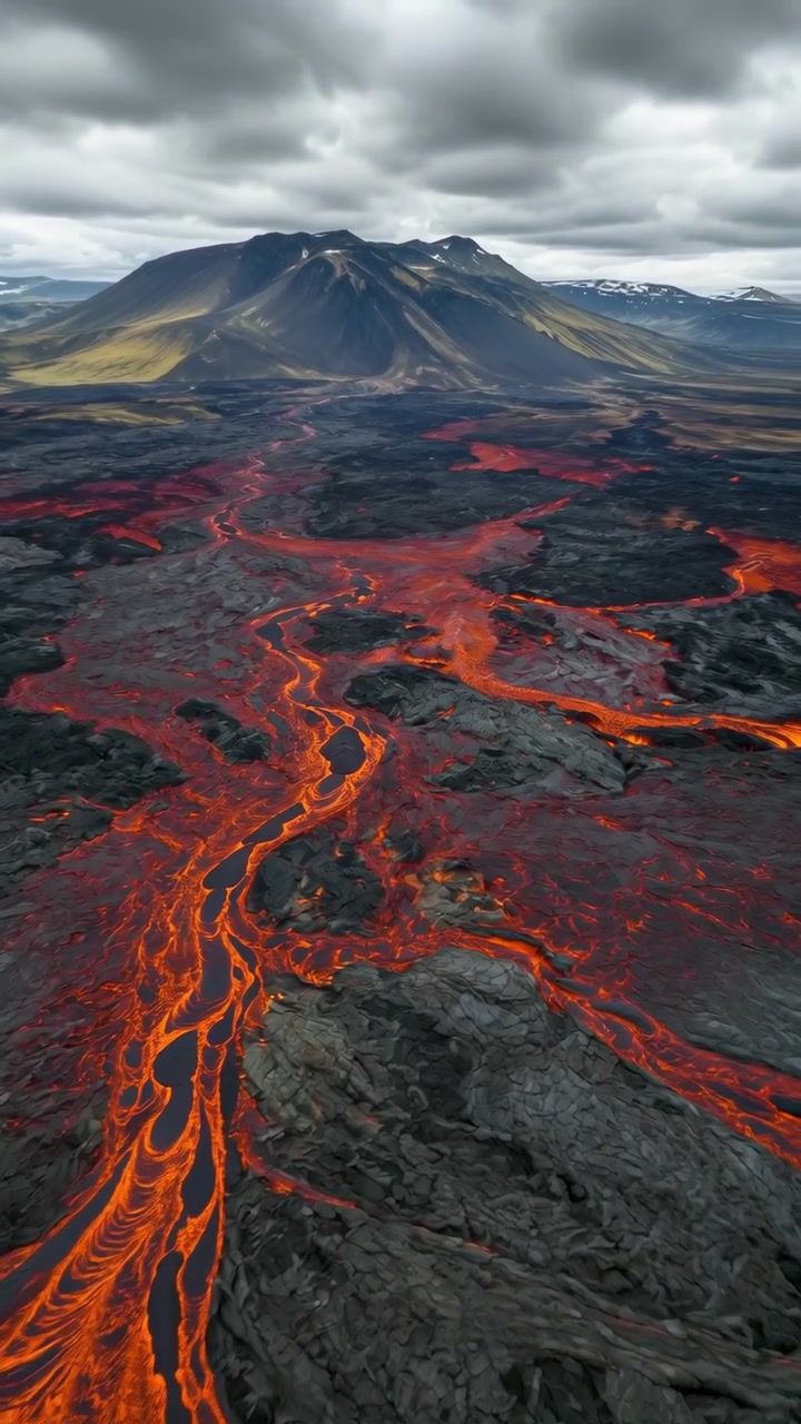 Vista aérea vertical mostrando uma extensa rede entrelaçada de lava derretida laranja brilhante incandescente através de um campo de basalto escuro rachado em direção a uma montanha distante com múltiplos picos sob um céu fortemente nublado