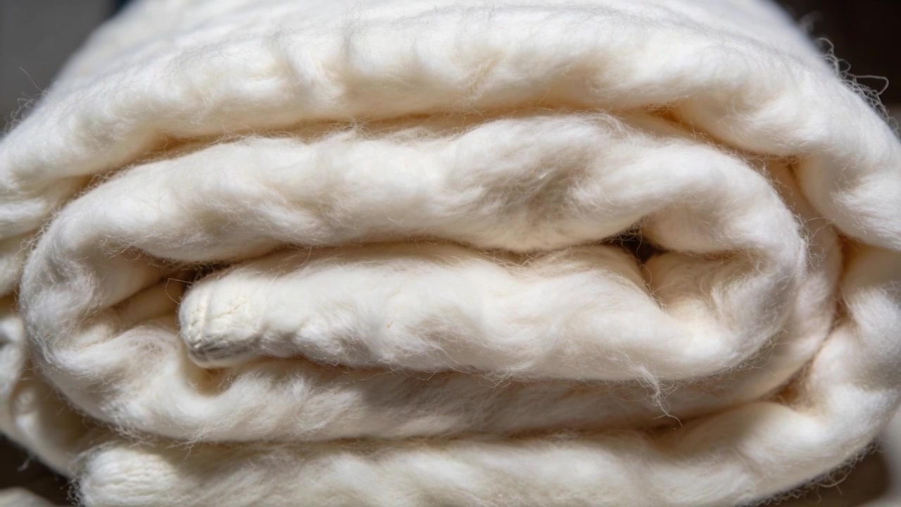 Telecamera che si sposta rivelando una coperta arrotolata color crema su un tavolo, evidenziando la piega inferiore e la cucitura.