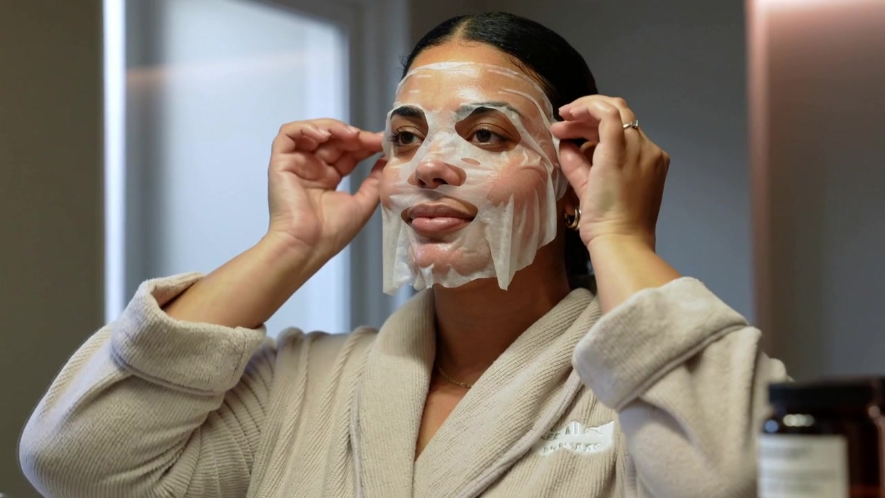 Mujer en bata inspeccionando y desdoblando una mascarilla de tela plegada, alisándola en el tocador, con tarros para el cuidado de la piel.