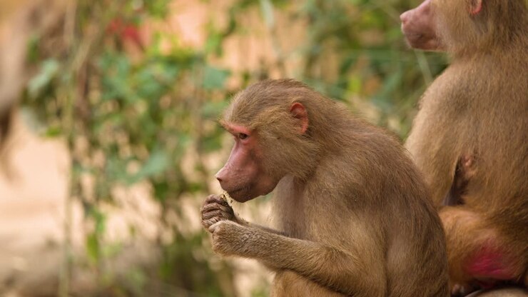 A brown Hamadryas baboon sits on a rock, carefully inspecting and eating food in daylight