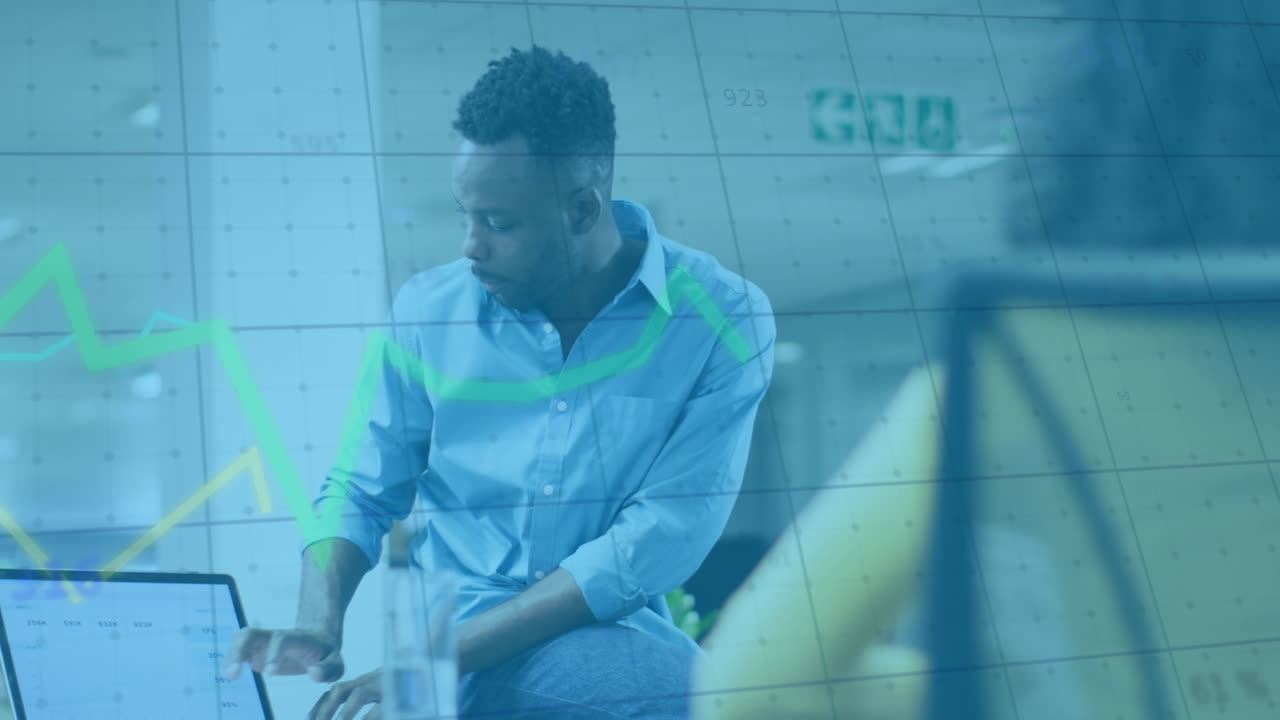 Animation of data processing over diverse man and woman discussing over a laptop at office