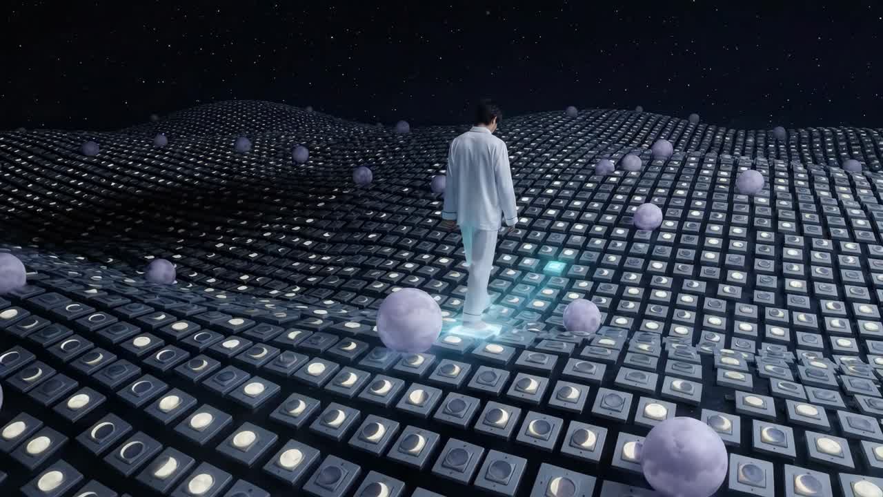 Man Walking on Glowing Path in Surreal Moon Landscape at Night