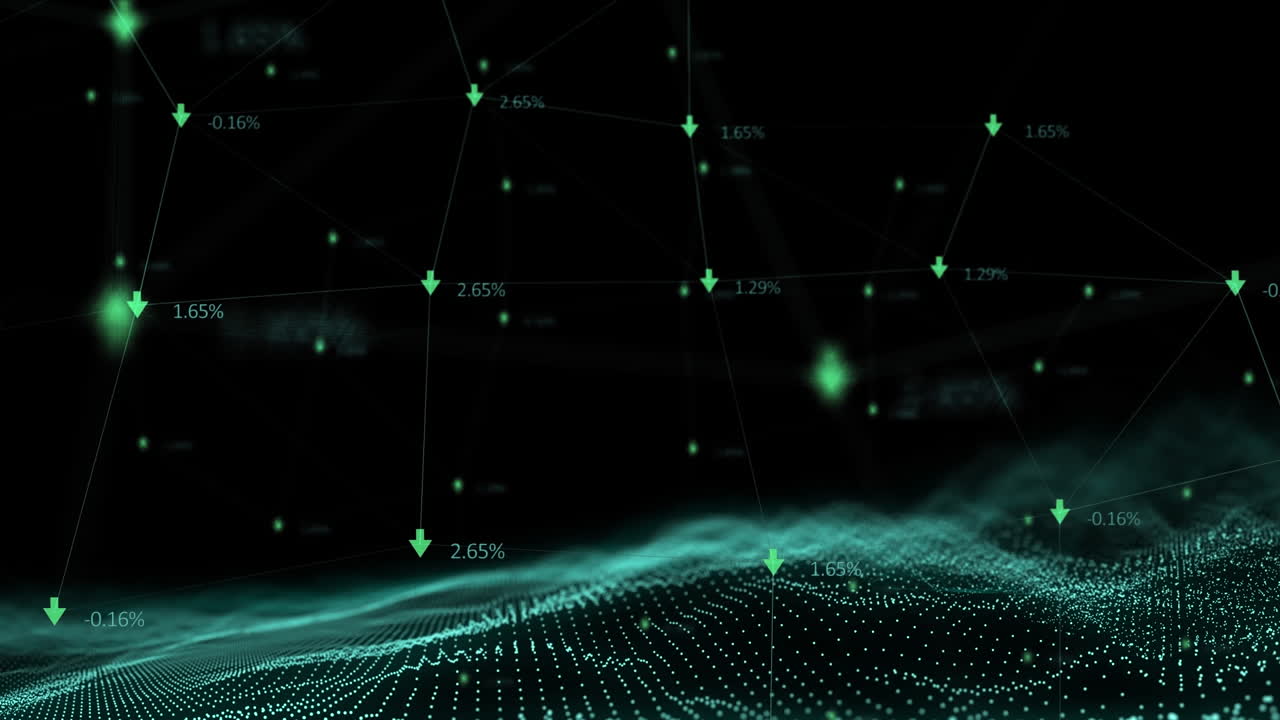 Animation of arrows and brain made of business texts over moving spots on black background