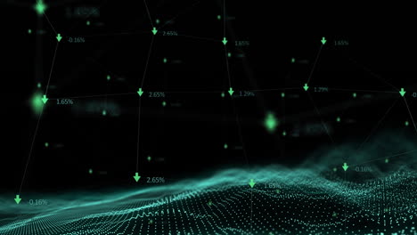 animación de flechas y cerebro hecho de textos de negocios sobre puntos móviles en fondo negro