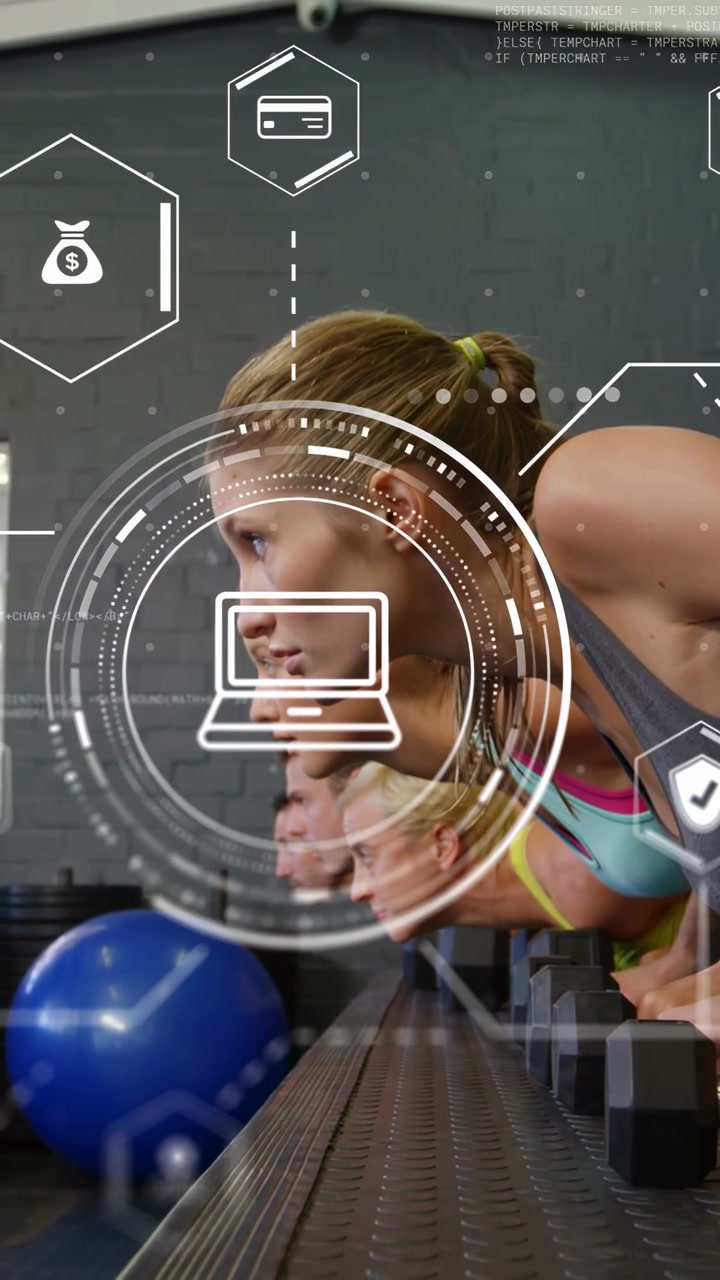 Video verticale: Lezione di fitness con sollevamento pesi, la telecamera si alza, un HUD si sovrappone a una riga, monitorando le vendite.