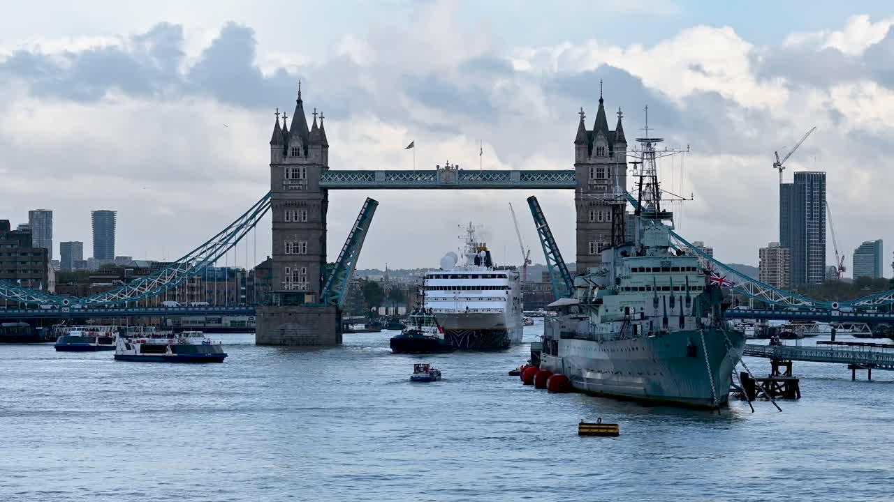 Cruise Ship Passing Through Tower Bridge in London