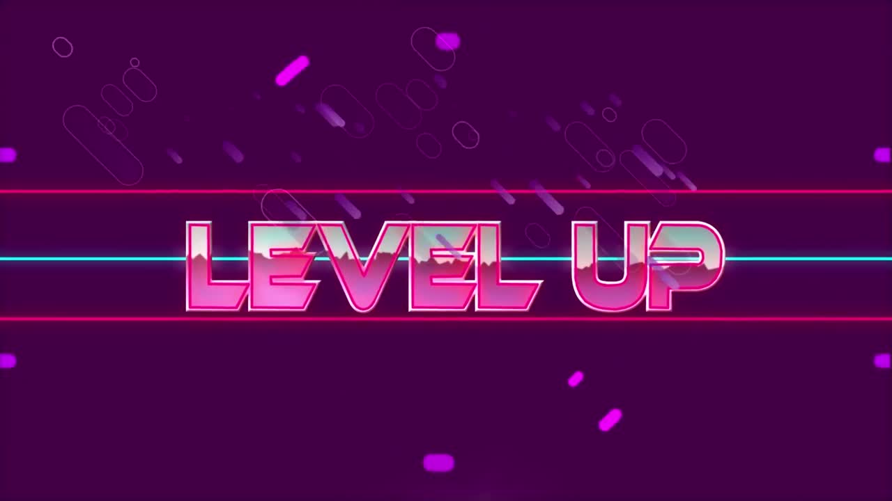 보라색 원 위에 금속색 분홍색 글자로 레벨 업 텍스트의 애니메이션