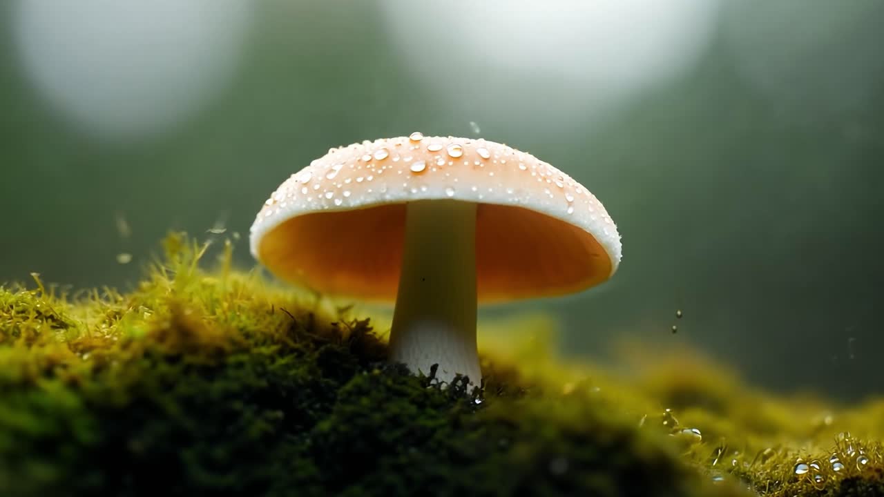 la luz brilla gradualmente en un hongo silvestre anidado en el musgo exuberante, mostrando la belleza de la naturaleza en un entorno forestal