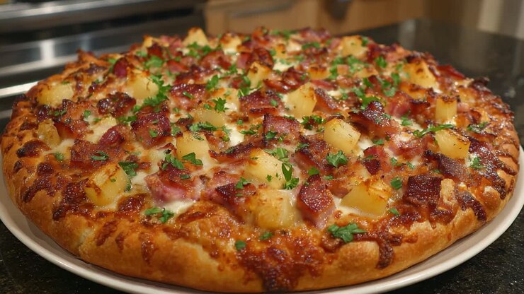 Pizza deliziosamente preparata con pancetta caramellata, pezzi di ananas e guarnizione di prezzemolo fresco su una crosta croccante, pronta a soddisfare le tue papille gustative.