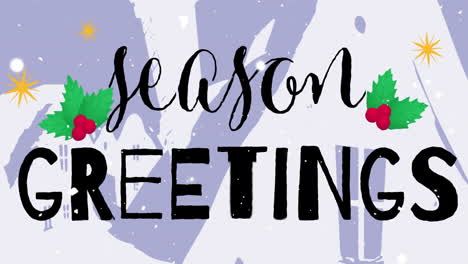 animation of snow falling and season greetings text over winter landscape at christmas