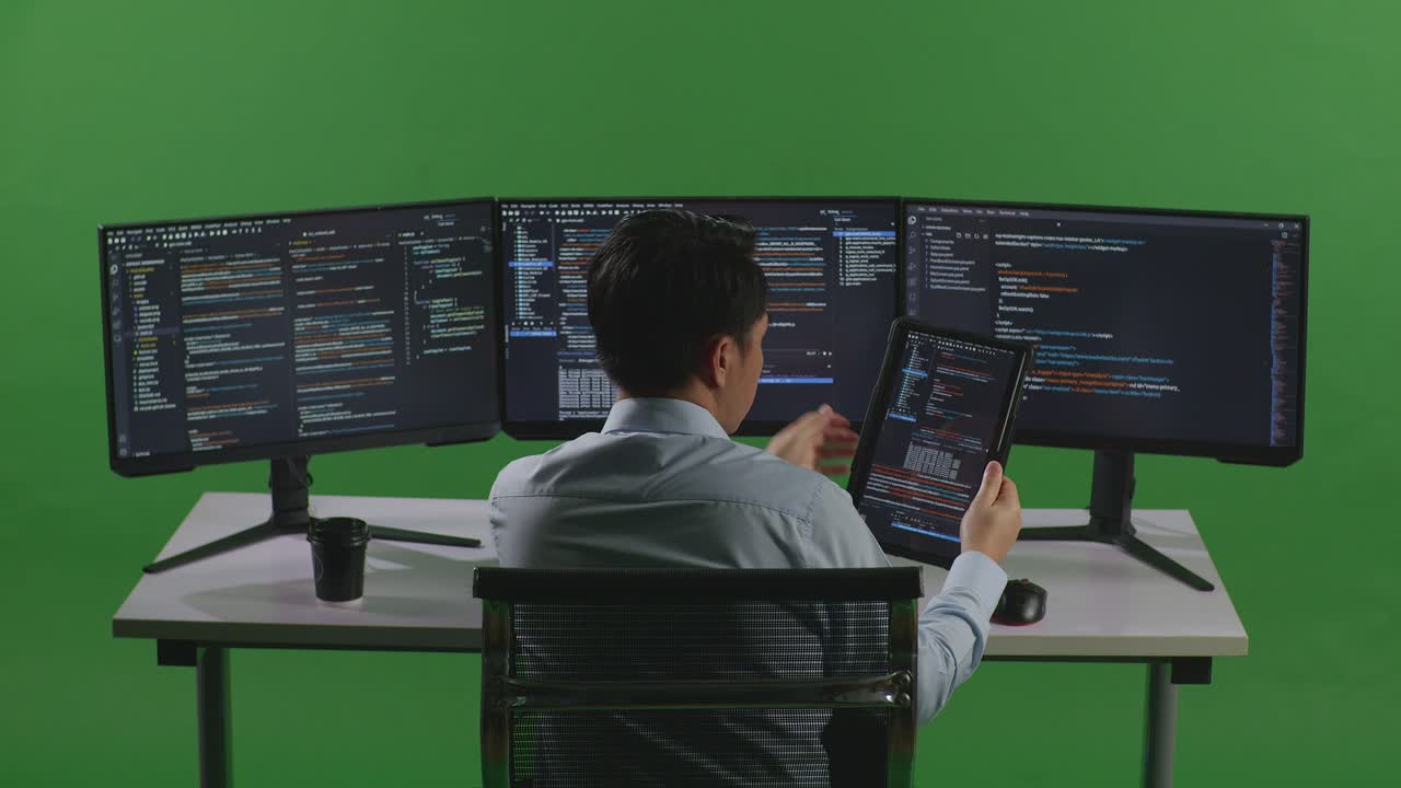 vista trasera de un desarrollador asiático trabajando con una tableta mientras escribe código con múltiples pantallas de computadora en el estudio de pantalla verde