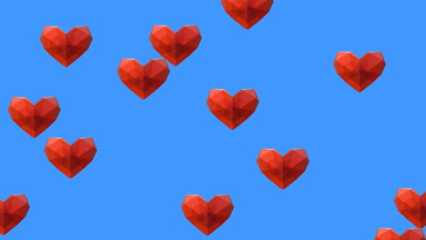 animación digital de múltiples iconos de corazón rojo en 3d flotando contra un fondo azul