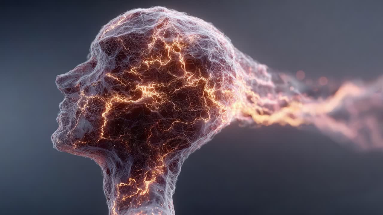 Una profonda esplorazione della coscienza e dell'energia: Visualizzazione del flusso dinamico del pensiero attraverso un profilo umano etereo con filamenti elettrici