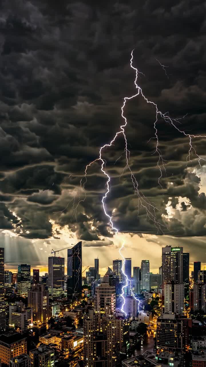 Veduta aerea drammatica di uno skyline urbano sotto nuvole tempestose, che cattura un'atmosfera cinematografica e intensa.